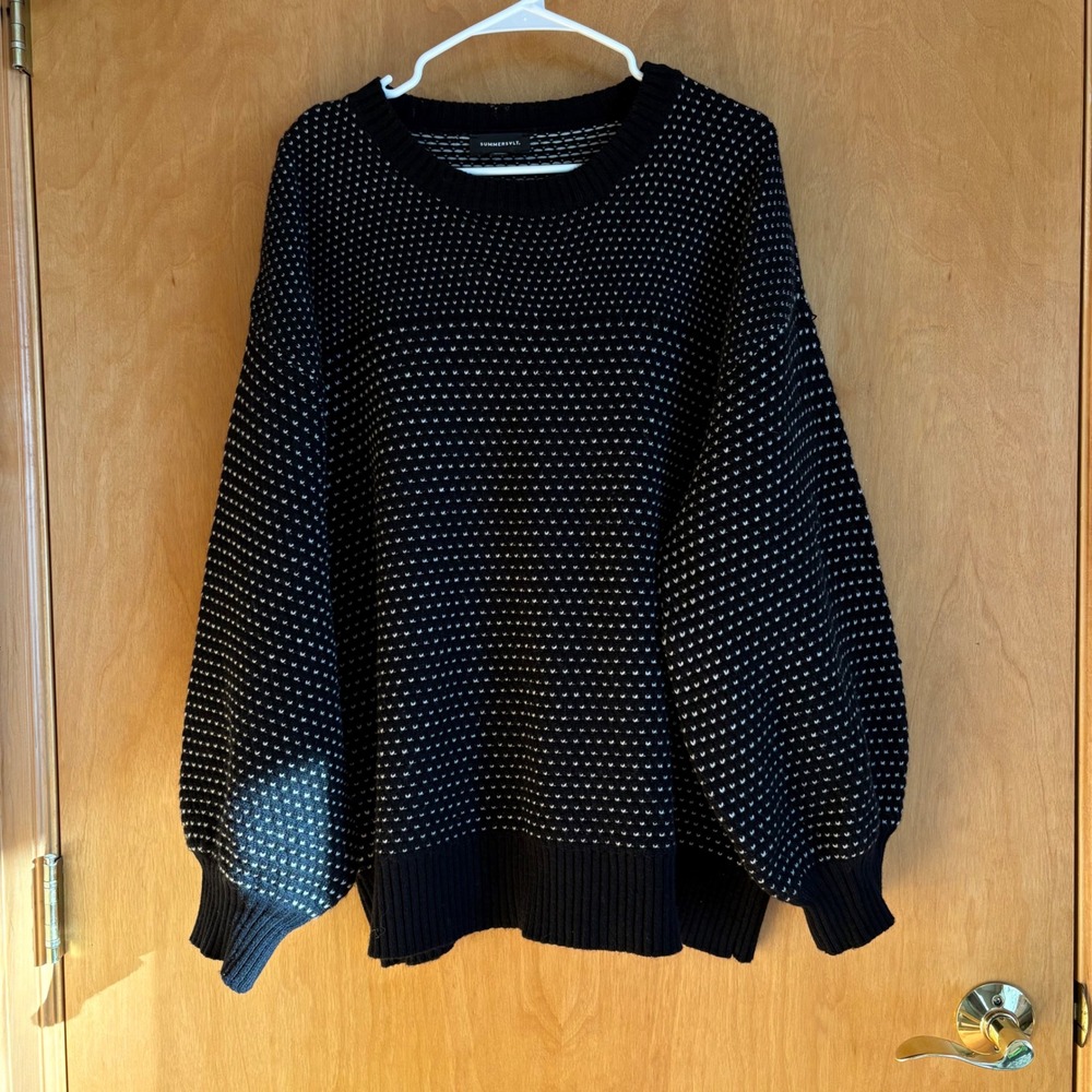 Summersalt Black White Speckled Knit Wool‎ Cashmere Sweater 2X Balloon Sleeve
